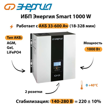 ИБП Энергия Smart 1000W - ИБП и АКБ - Энергия ИБП Smart - . Магазин оборудования для автономного и резервного электропитания Ekosolar.ru в Новосибирске