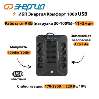 ИБП Комфорт 1000 USB Энергия - ИБП и АКБ - ИБП для компьютера - . Магазин оборудования для автономного и резервного электропитания Ekosolar.ru в Новосибирске