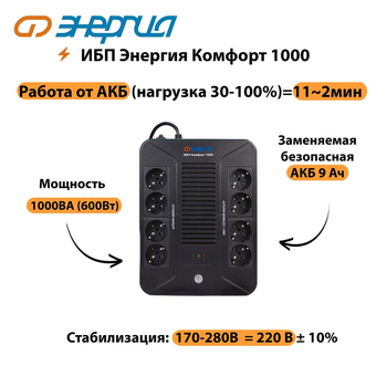 ИБП Комфорт 1000 Энергия - ИБП и АКБ - ИБП для компьютера - . Магазин оборудования для автономного и резервного электропитания Ekosolar.ru в Новосибирске